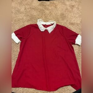 SHEIN Red Lace Collar Short Sleeve Top